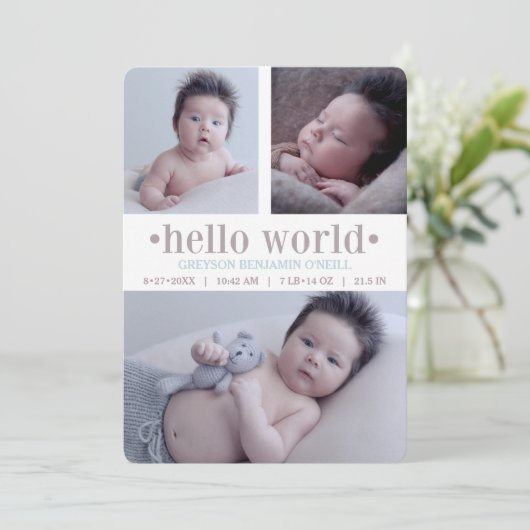 Faire-part de naissance Hello World Taupe/Aqua 3 P (Debout devant)