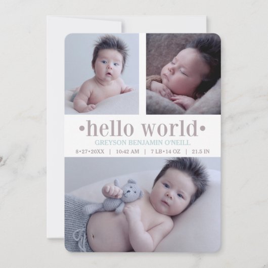 Faire-part de naissance Hello World Taupe/Aqua 3 P (Devant)
