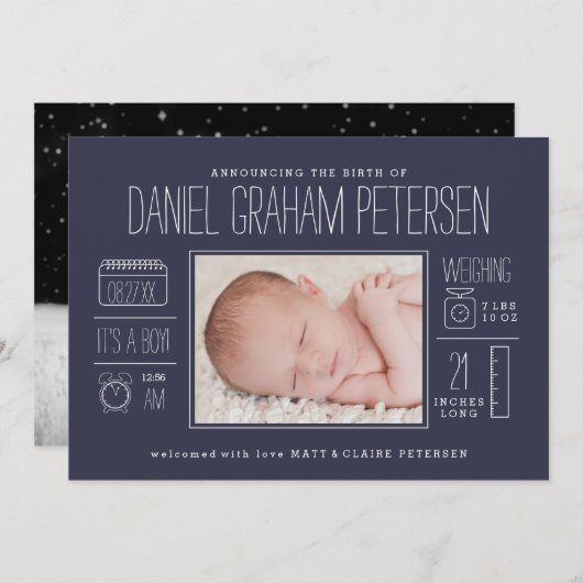 Faire-part de naissance infographique en bleu mari (Devant / Derrière)