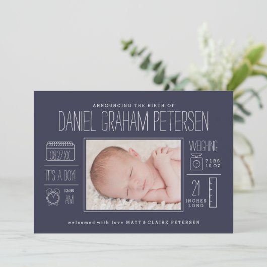 Faire-part de naissance infographique en bleu mari (Debout devant)