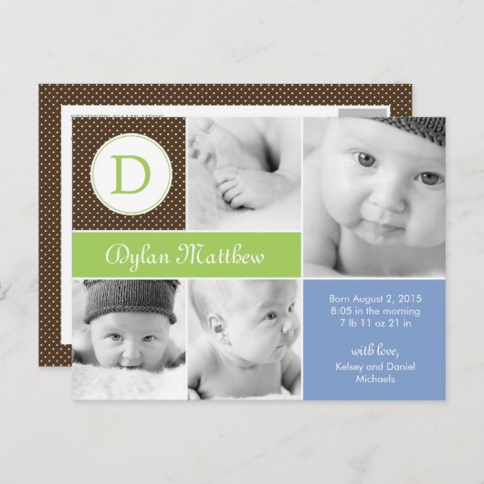 Faire-part de naissance initial moderne - Bleu (Devant / Derrière)