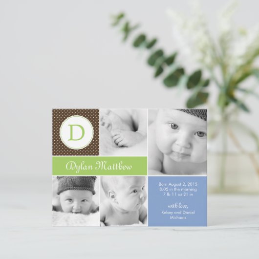 Faire-part de naissance initial moderne - Bleu (Debout devant)