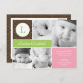 Faire-part de naissance initial moderne - rose (Devant / Derrière)