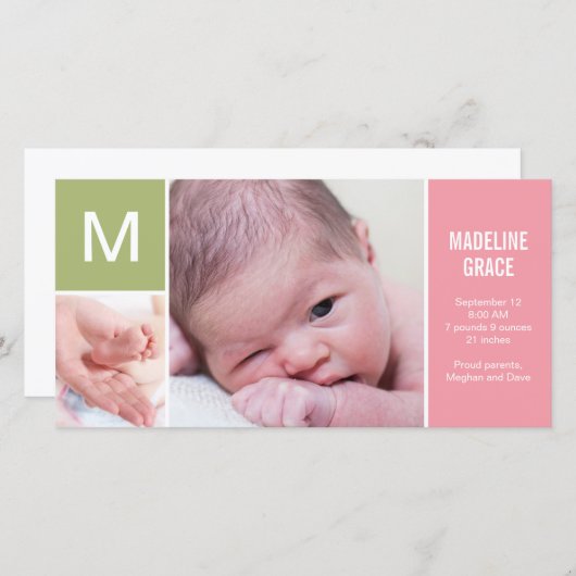 Faire-part de naissance initiale du bébé - rose (Devant / Derrière)