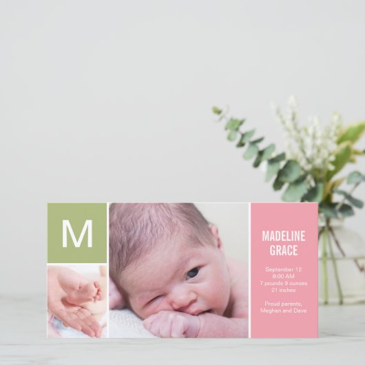 Faire-part de naissance initiale du bébé - rose (Debout devant)