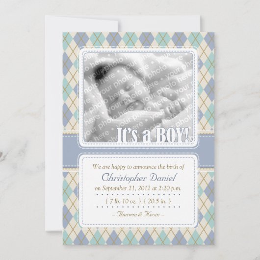 Faire-part de naissance Jacquard (bleu et aqua) (Devant)