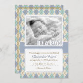 Faire-part de naissance Jacquard (bleu et aqua) (Devant / Derrière)