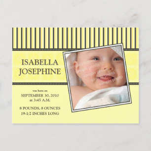 Faire-part de naissance jaune bébé Damask & Stripe