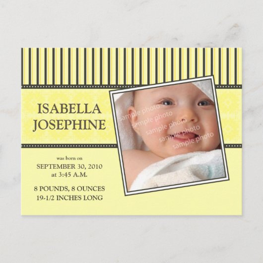 Faire-part de naissance jaune bébé Damask & Stripe (Devant)