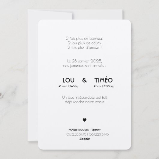 Faire-Part de naissance jumeaux Kraft  (Dos)