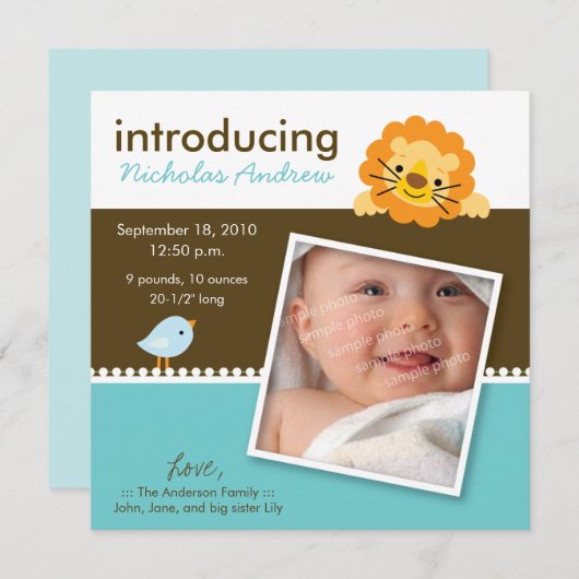 Faire-part de naissance Lion & Birdie Designer (bl (Devant / Derrière)