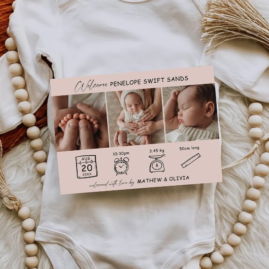 Faire-part de naissance moderne 3 Photos Carte Col