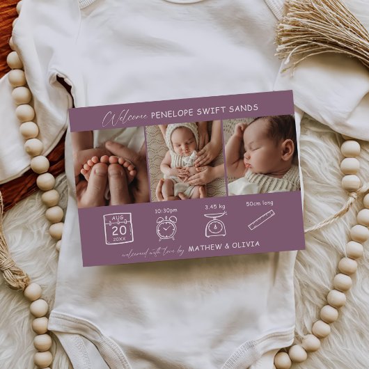 Faire-part de naissance moderne 3 Photos Carte Col