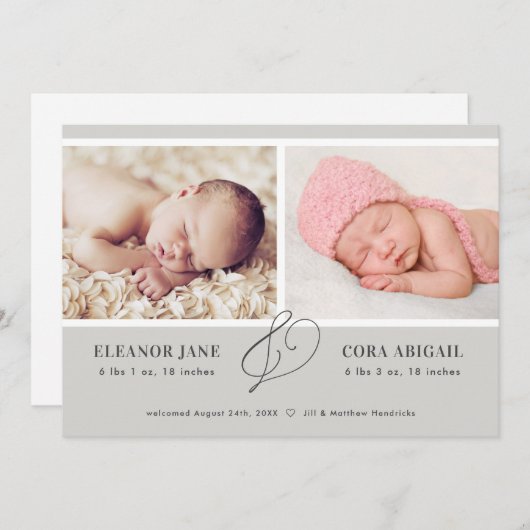 Faire-part de naissance moderne gris Twins (Devant / Derrière)