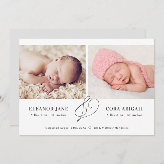 Faire-part de naissance moderne Twins (Devant / Derrière)