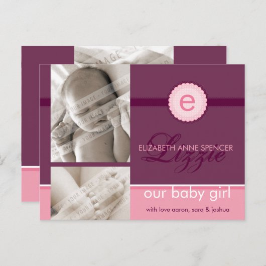 Faire-part de naissance :: monogramme2 - fille (Devant / Derrière)