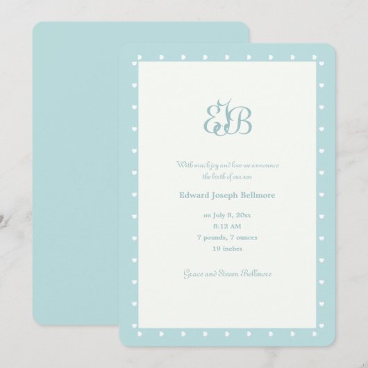 Faire-part de naissance Monogramme bleu (Devant / Derrière)