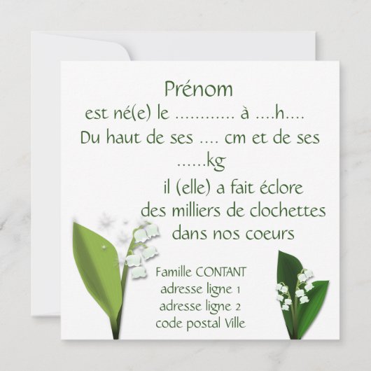 Faire-part de naissance muguet et fée felt (Dos)