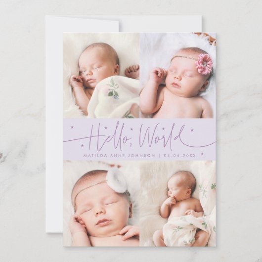 Faire-part de naissance multi-photo lilas Hello Wo (Devant)