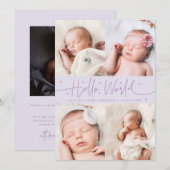 Faire-part de naissance multi-photo lilas Hello Wo (Devant / Derrière)