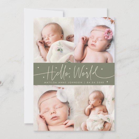 Faire-part de naissance multi-photo vert sauge écr (Devant)