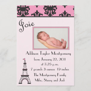 Faire-part de naissance noir de Paris et rose chic