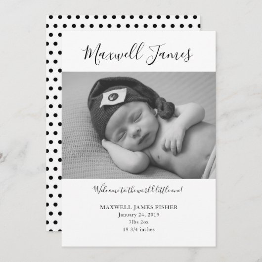 Faire-part de naissance noir et blanc (Devant / Derrière)