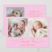 Faire-part de naissance orange rose Merci Script F (Devant / Derrière)