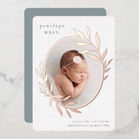 Faire-part de naissance Oval Laurel | Feuille d'or (Recto/Verso)