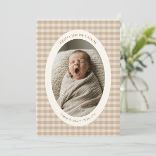 Faire-part de naissance ovale en vichy beige neutr