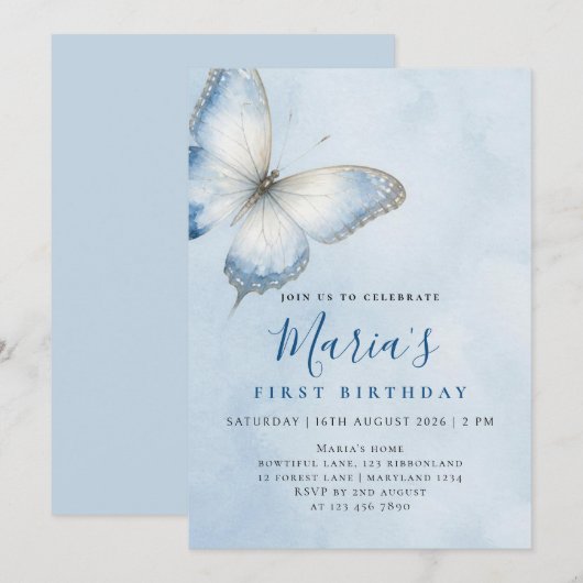 Faire-part de naissance papillon bleu élégant aqua (Devant / Derrière)