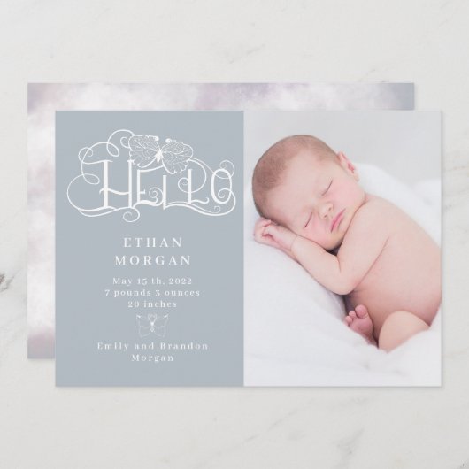 faire-part de naissance papillon écriture rustique (Devant / Derrière)