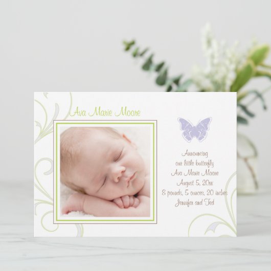 Faire-part de naissance papillon pourpre (Debout devant)