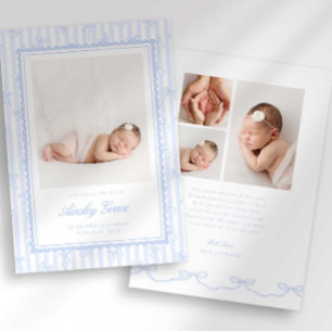 Faire-part de naissance photo à rayures et nœud Pr
