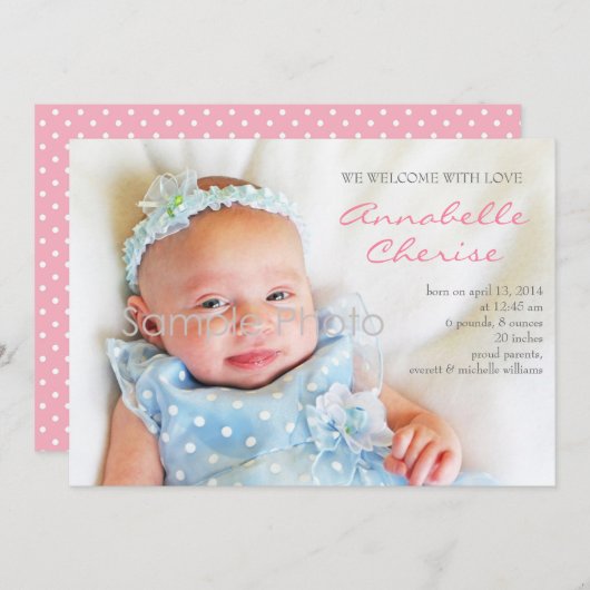 Faire-part de naissance photo avec points roses (Devant / Derrière)