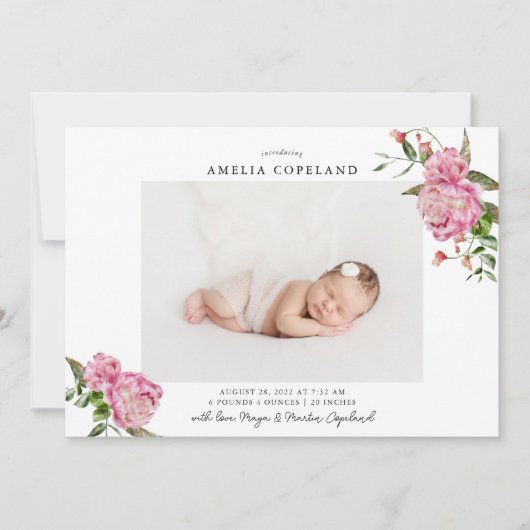 Faire-part de naissance Photo Bébé Fille Fleur Ros (Devant)