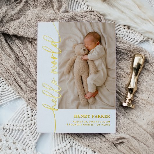 Faire-part de naissance Photo Bébé Hello World Or