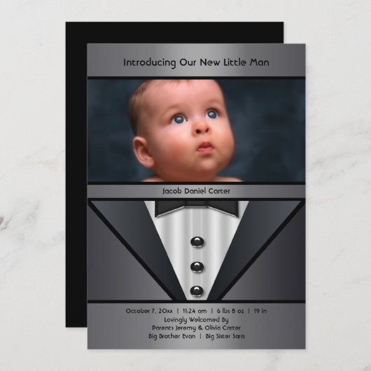 Faire-part de naissance photo Black Tuxedo Boy (Devant / Derrière)