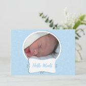 Faire-part de naissance photo bleu Hello World (Debout devant)
