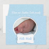 Faire-part de naissance photo bleu Hello World (Devant / Derrière)