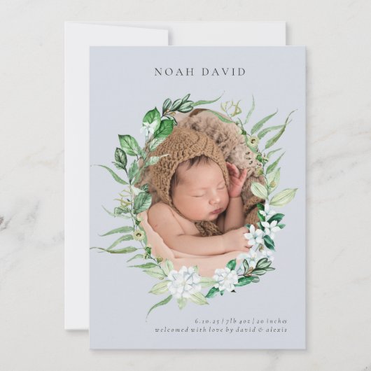 Faire-part de naissance photo Blue Greenery Wreath (Devant)