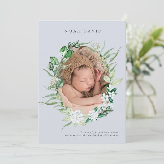 Faire-part de naissance photo Blue Greenery Wreath (Debout devant)
