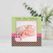 Faire-part de naissance photo Chouette verte rose (Debout devant)