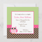 Faire-part de naissance photo Chouette verte rose (Dos)