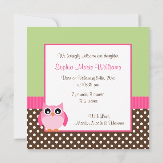 Faire-part de naissance photo Chouette verte rose (Dos)