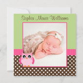 Faire-part de naissance photo Chouette verte rose (Devant)