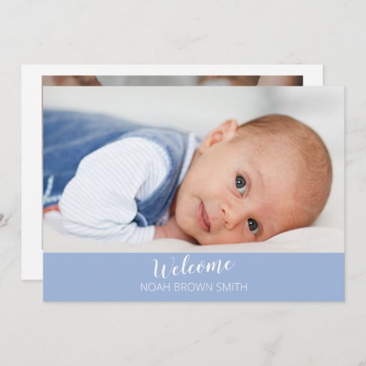 faire-part de naissance photo de bébé bleu (Devant / Derrière)