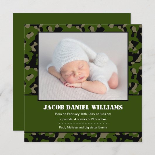 Faire-part de naissance photo de bébé Camo Vert (Devant / Derrière)
