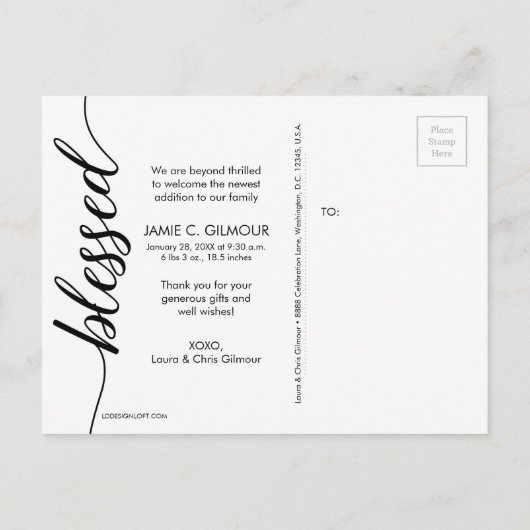 Faire-part de naissance photo de bébé noir et blan (Dos)