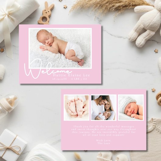 Faire-Part de Naissance Photo de Bébé Rose Moderne